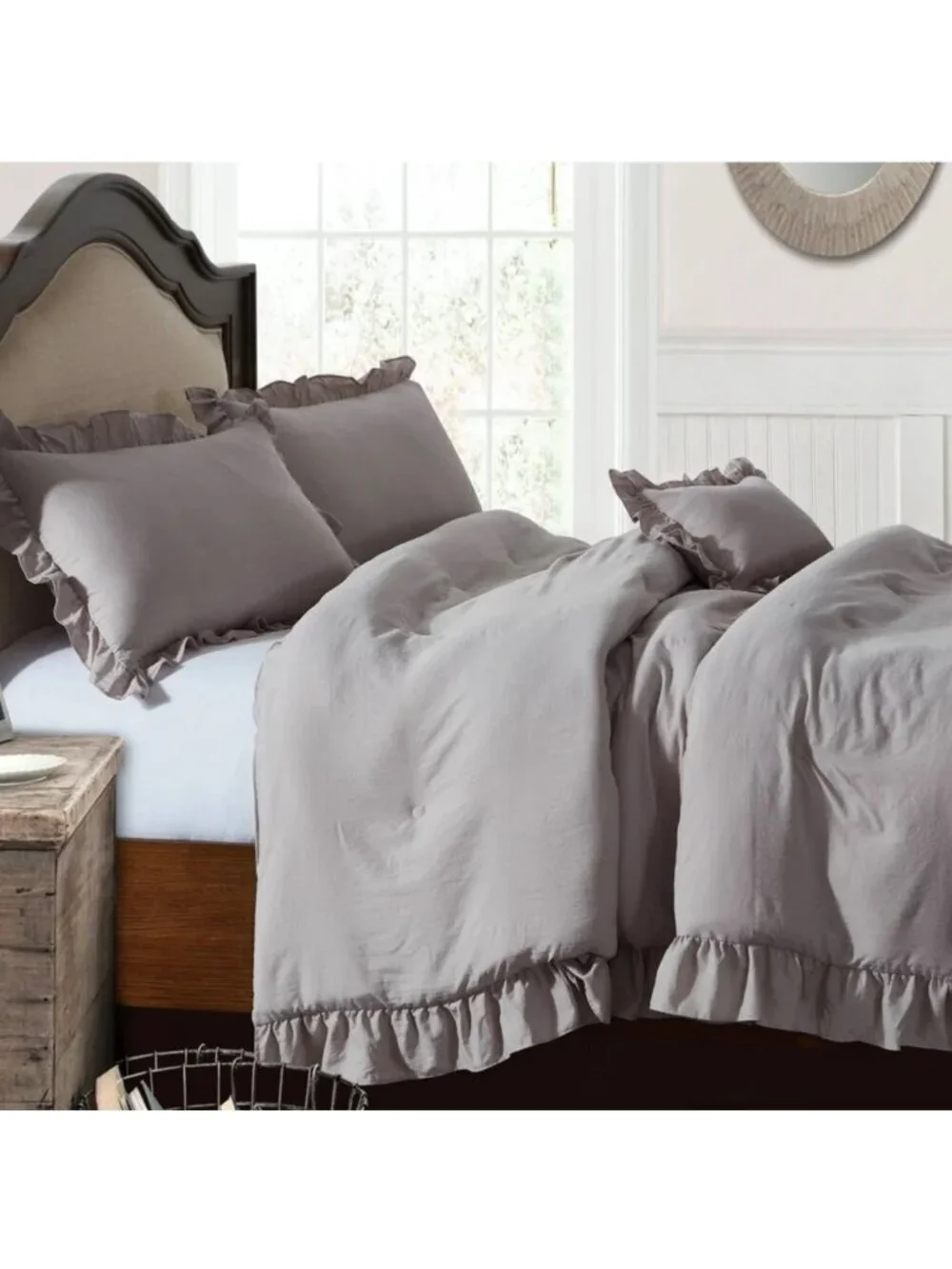 NWT Ruffle Duvet Cover Set King 3 PCs 100% Washed Cotton Gray Solid Bedding
